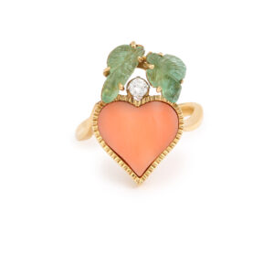 Bague Cœur Corail Emeraudes Diamant Or Jaune 18 Carats - Les Pierres de Julie