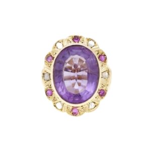 Bague Pompadour Améthyste Saphirs Roses Diamants Or Rose 14 Carats - Les Pierres de Julie