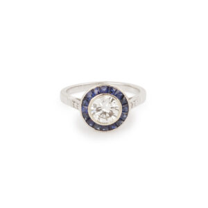 Bague Style Art Déco Diamants 1 Carats Saphirs Or Gris 18 Carats (Certificat) - Les Pierres de Julie