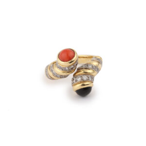 Bague Kutchinsky Toi & Moi Corail Onyx Diamants Or Jaune 18 Carats