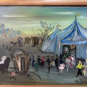 Le cirque, la fête est là ! Huile sur panneau signée Patrick Franc et datée 1962