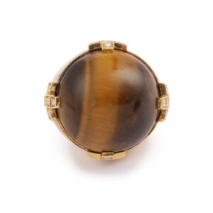 Bague Cocktail Cabochon Œil de Tigre 87 Carats Diamants Or Jaune 18 Carats