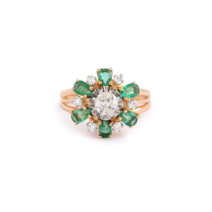 Bague Marguerite Emeraudes Diamants Or Jaune 18 Carats