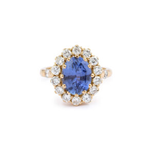 Bague Pompadour Saphir Ceylan Non Chauffé 3.55 Carats Diamants Or Jaune 18 Carats (Certificat)