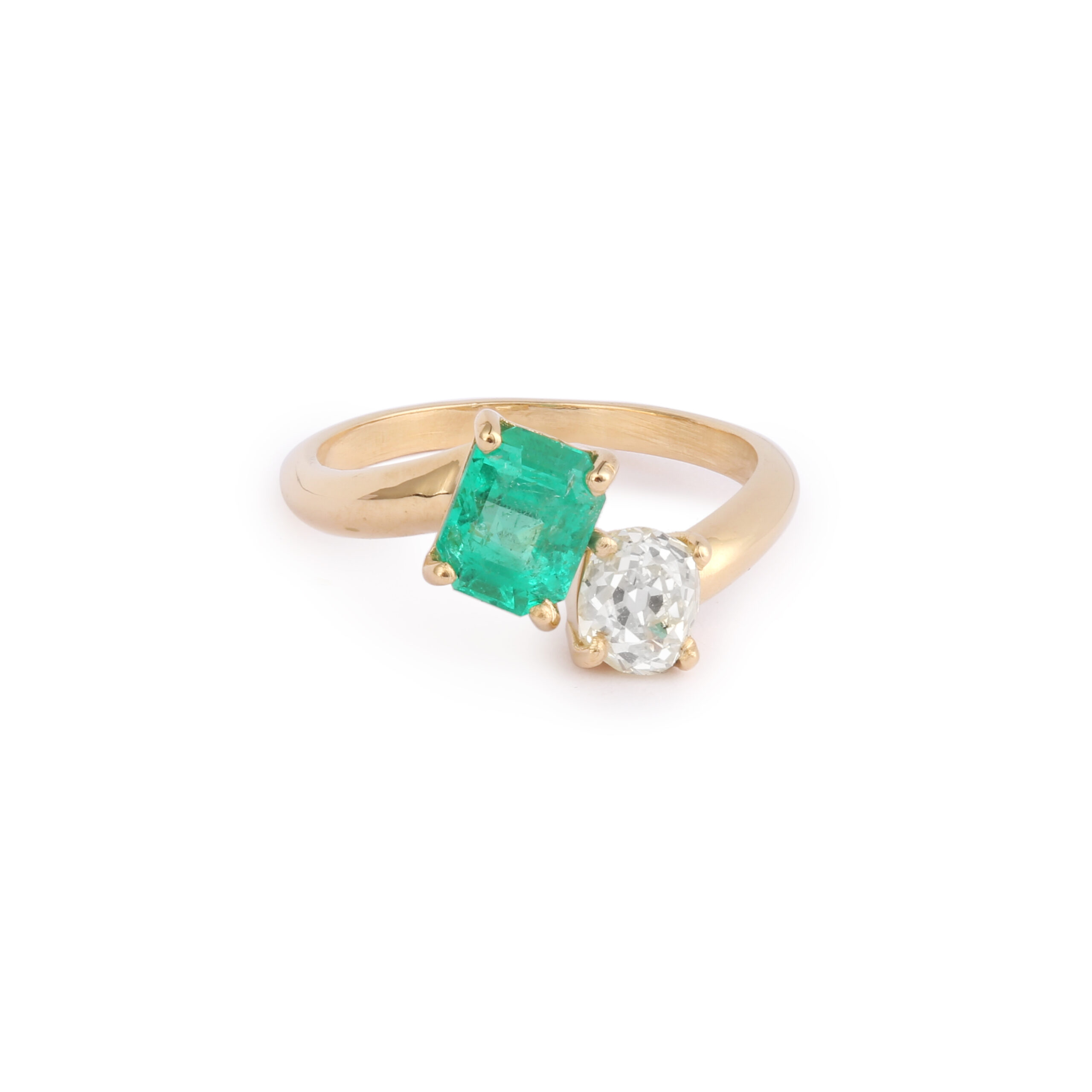 Bague Toi & Moi Emeraude 1 Carat Diamant 0.70 Carat Or Jaune 18 Carats (Certificat)