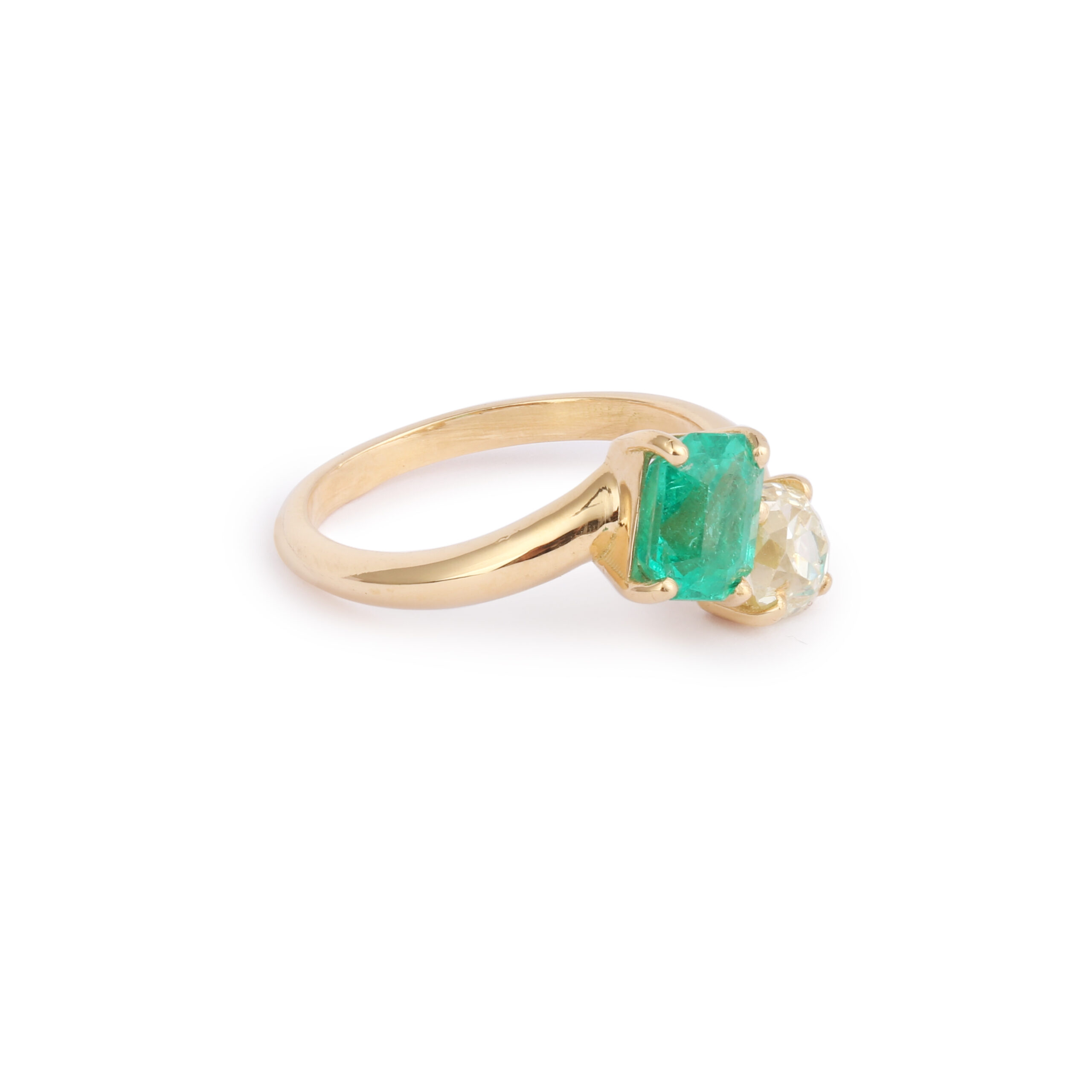 Bague Toi & Moi Emeraude 1 Carat Diamant 0.70 Carat Or Jaune 18 Carats (Certificat) – Image 2