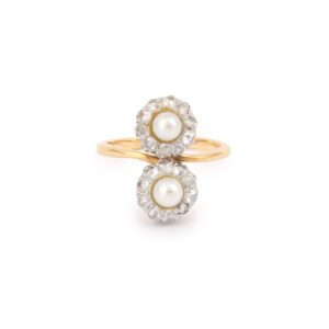 Bague Ancienne Toi & Moi Perles Diamants Platine Or Jaune 18 Carats