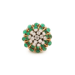 Bague Cocktail Dôme Rétro Cabochon Emeraudes Diamants Or Jaune 18 Carats