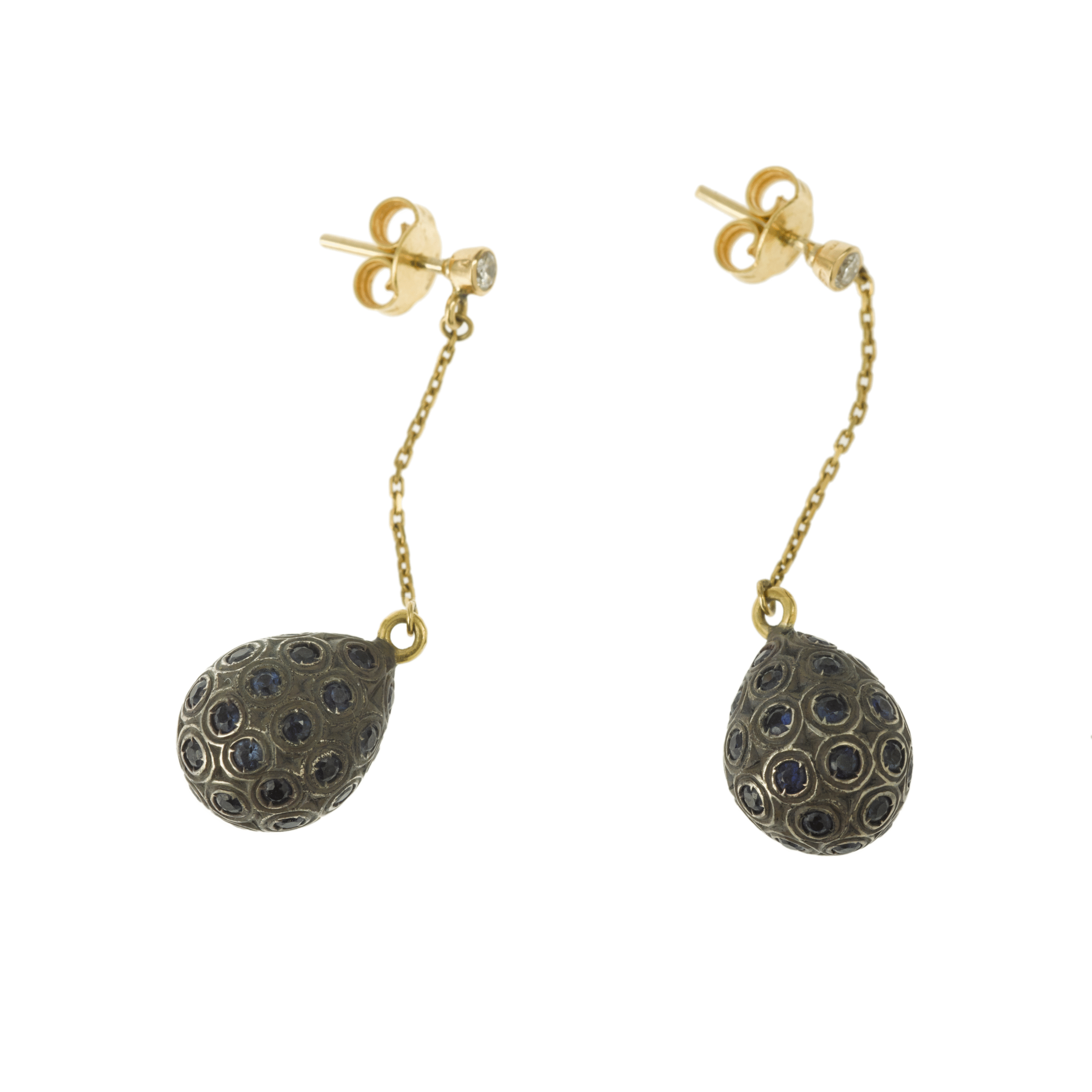 Boucles d’Oreilles Gouttes pavées Saphirs Diamants Or 18 Carats – Image 2