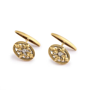 Boutons de Manchettes Anciens Feuilles de Chêne Diamants Or Jaune 18 Carats