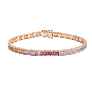 Bracelet Tennis 5.70 Carats Saphirs Arc-En-Ciel & Diamants Or Rose 18 Carats