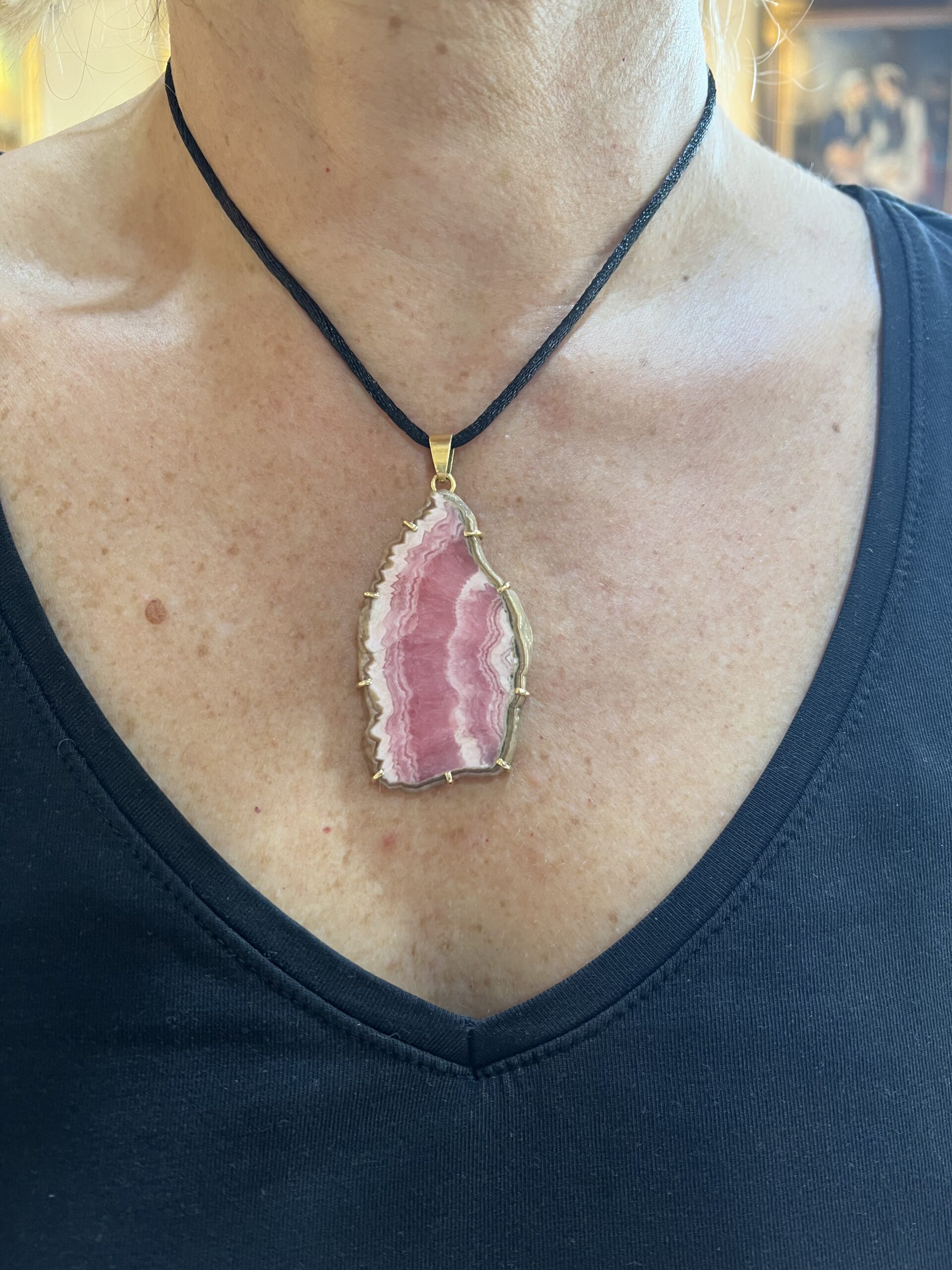 Grand Pendentif Vintage Tranche Rhodochrosite Or Jaune 18 Carats – Image 4