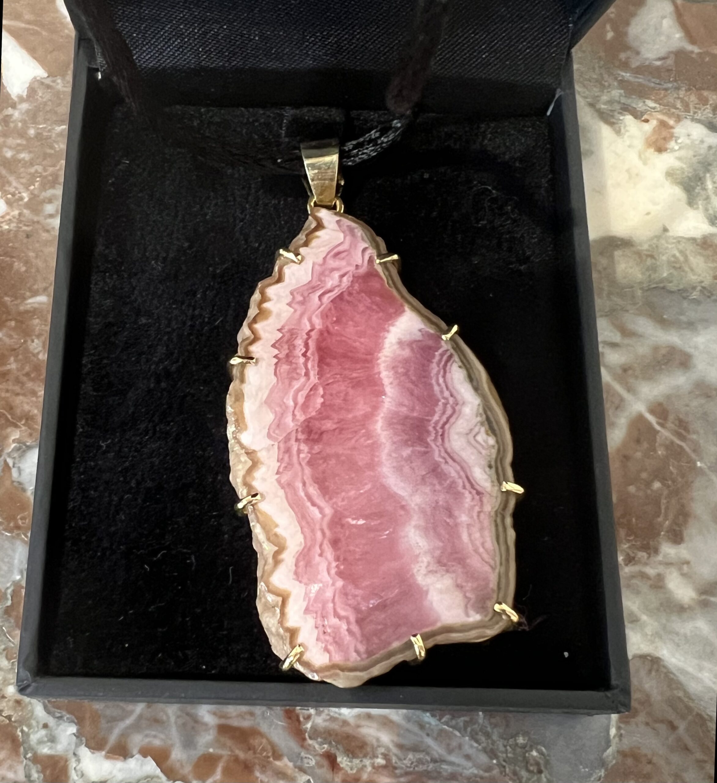 Grand Pendentif Vintage Tranche Rhodochrosite Or Jaune 18 Carats – Image 5