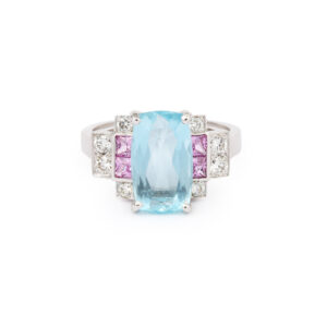 Bague Aigue-Marine 3 Carats Saphirs Roses Diamants Or Gris 18 Carats