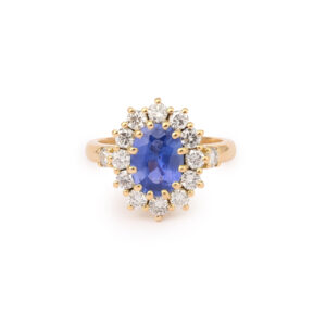 Bague Pompadour Saphir Ceylan Non Chauffé 2.20 Carats Diamants Or Jaune 18 Carats (Certificat)