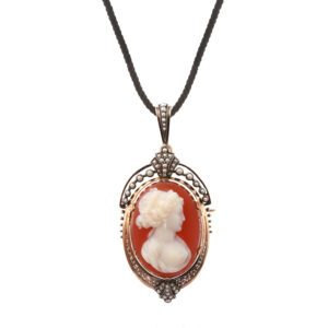 Broche Pendentif Ancien Camée Agate Perles Argent Or Jaune 18 Carats